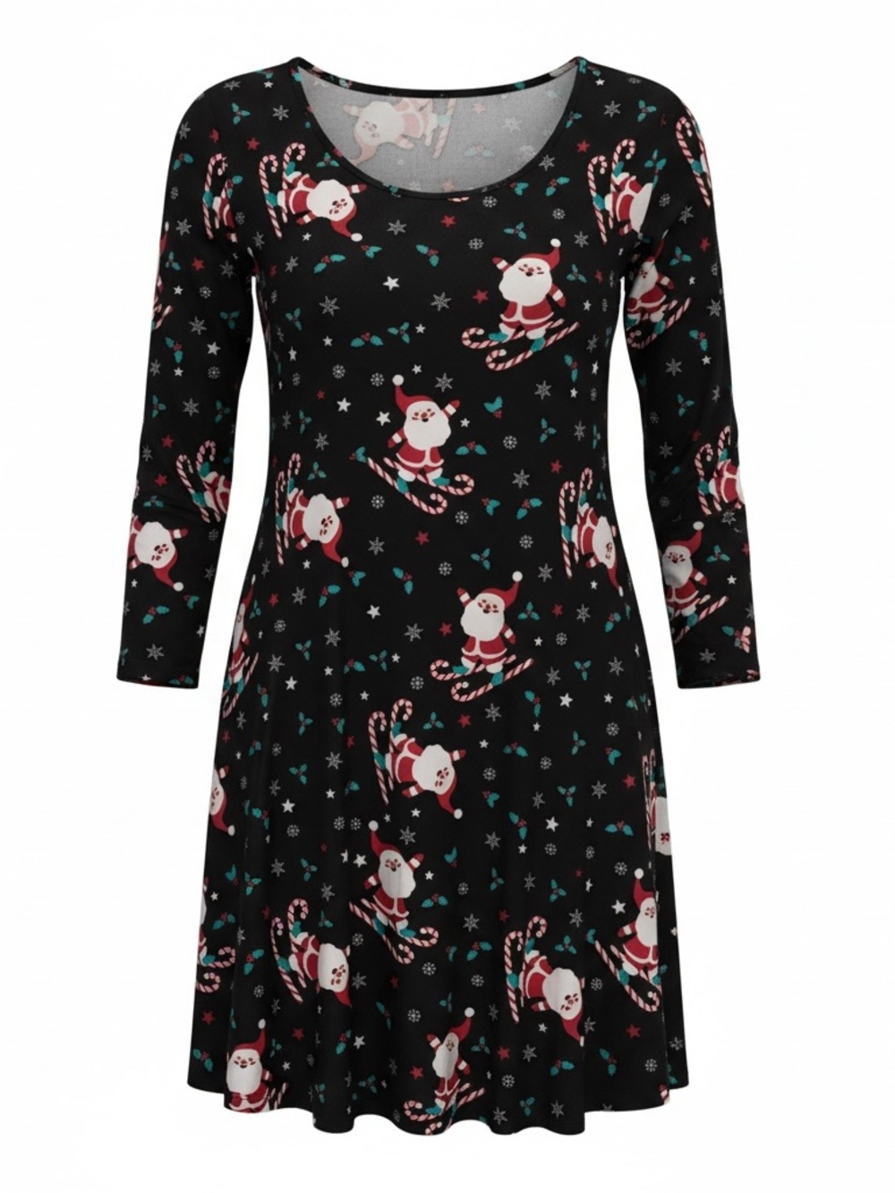 St. John's Bay Black Santa & Candy Cane Print Long Sleeve Swing Dress